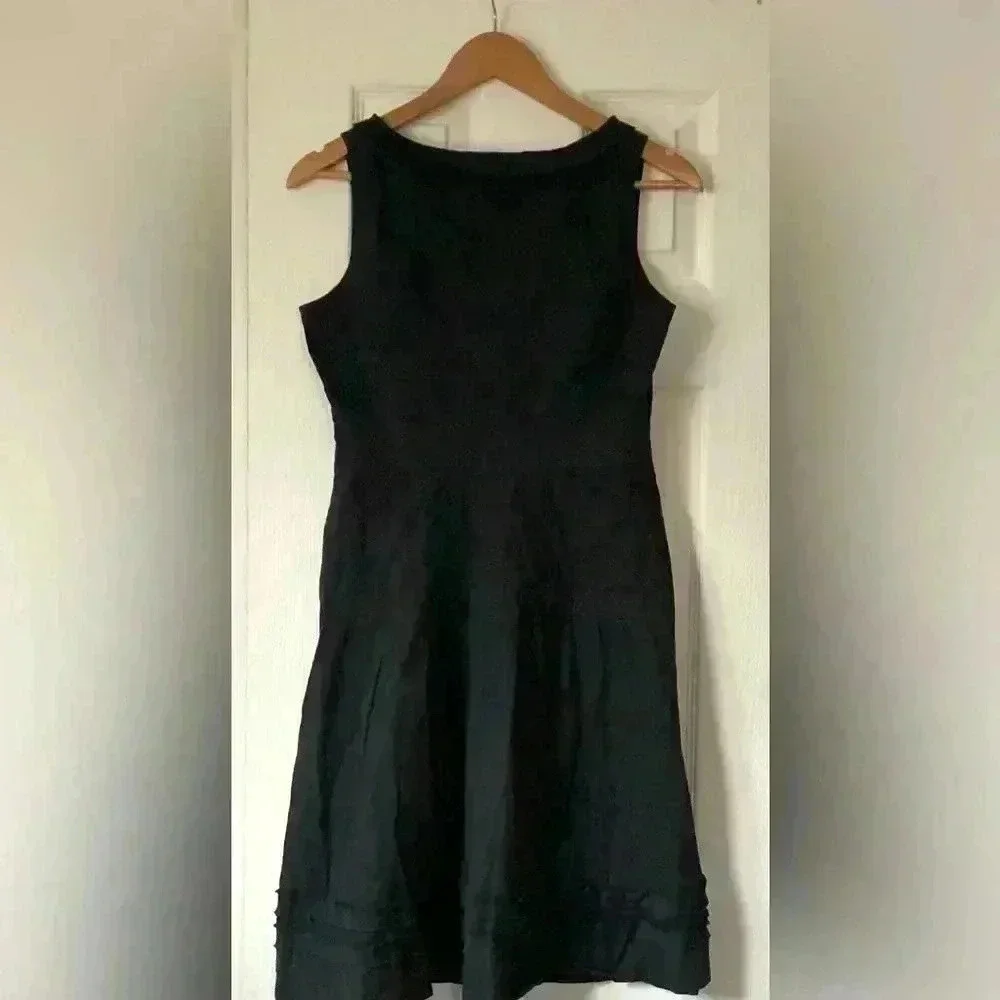 Tory Burch Dress Solid Black Pleated A-Line Sleeveless Ruffled Hem Cotton size 4